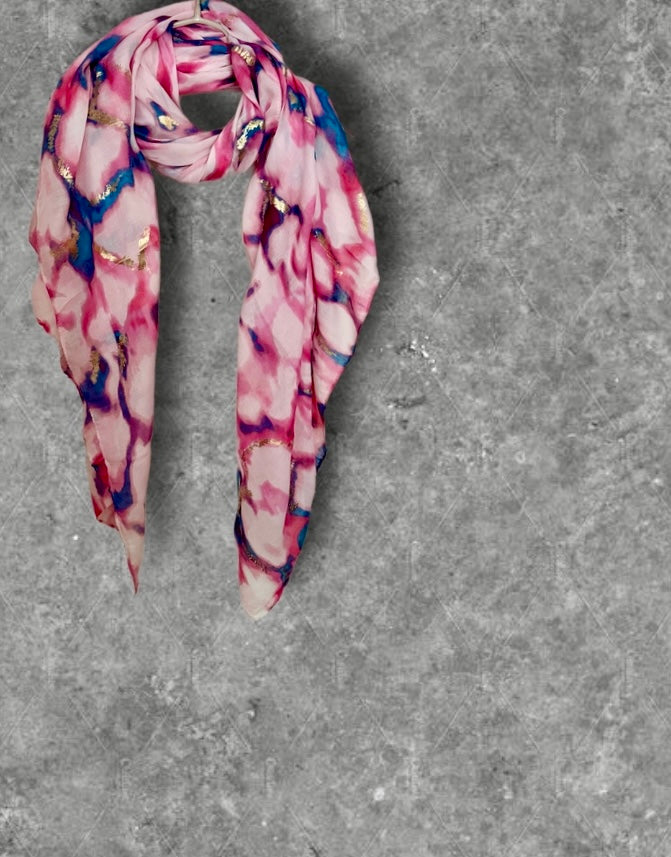 Pink Watercolor Cotton Scarf for Women,Lightweight Summer Shawl with Gold Foil Accents
