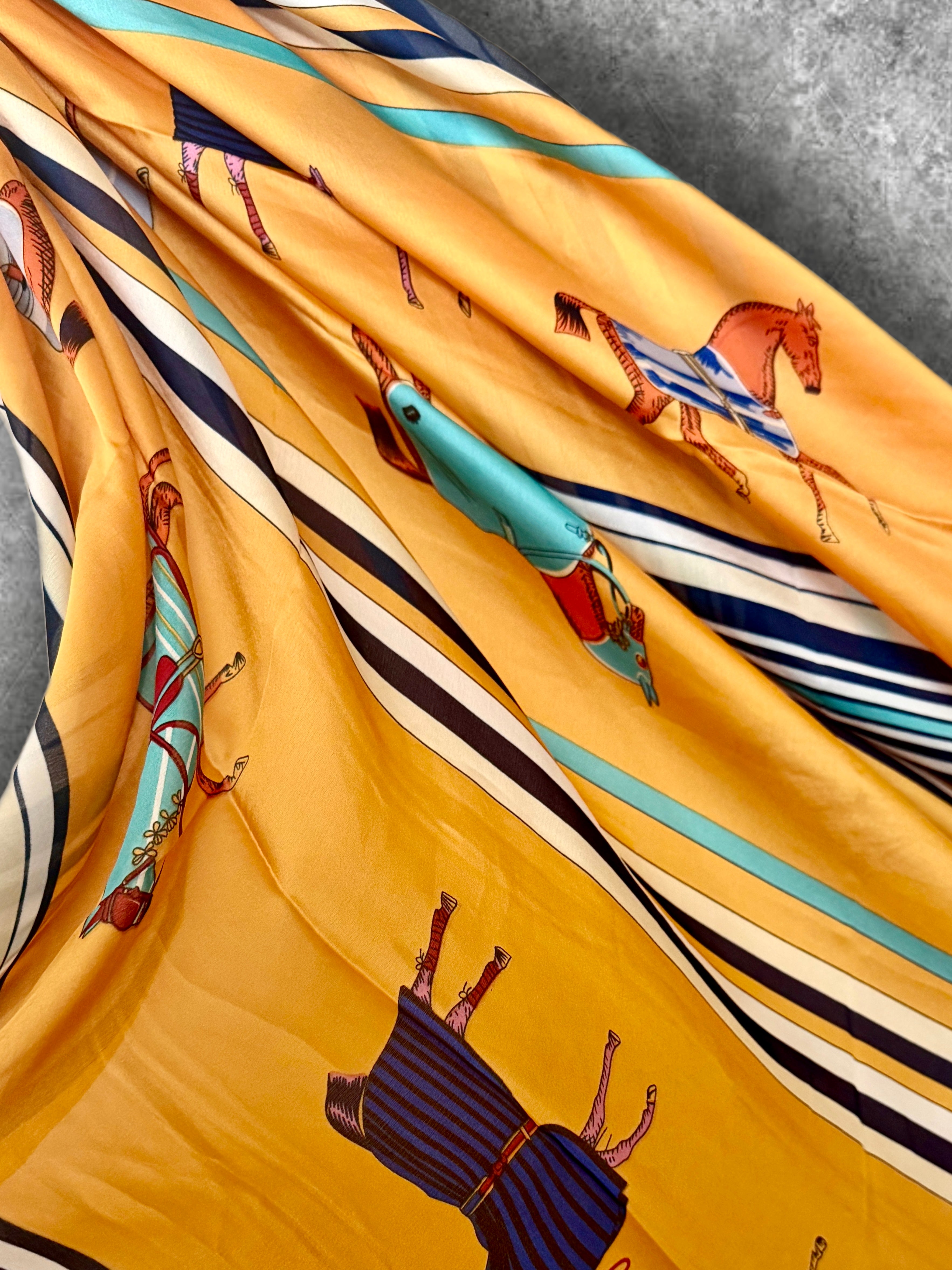 Yellow Silk Scarf for Women,Horse Print Striped Shawl,Equestrian Style Lightweight Summer Wrap