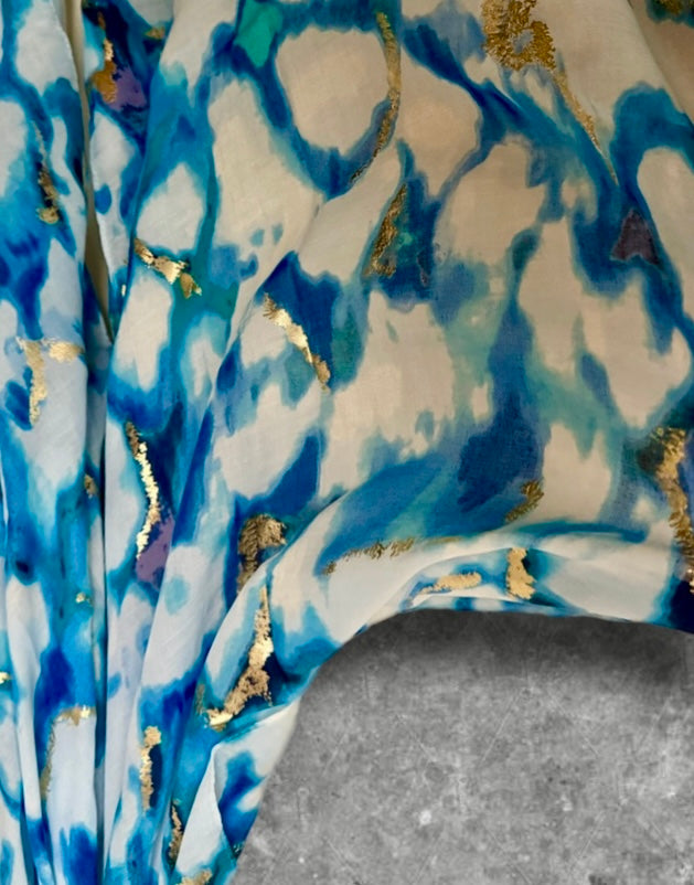 Blue Abstract Print Lightweight Cotton Scarf, Airy Summer Shawl with Gold Detail