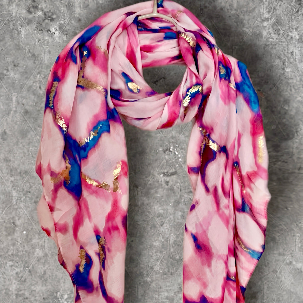 Pink Watercolor Cotton Scarf for Women,Lightweight Summer Shawl with Gold Foil Accents