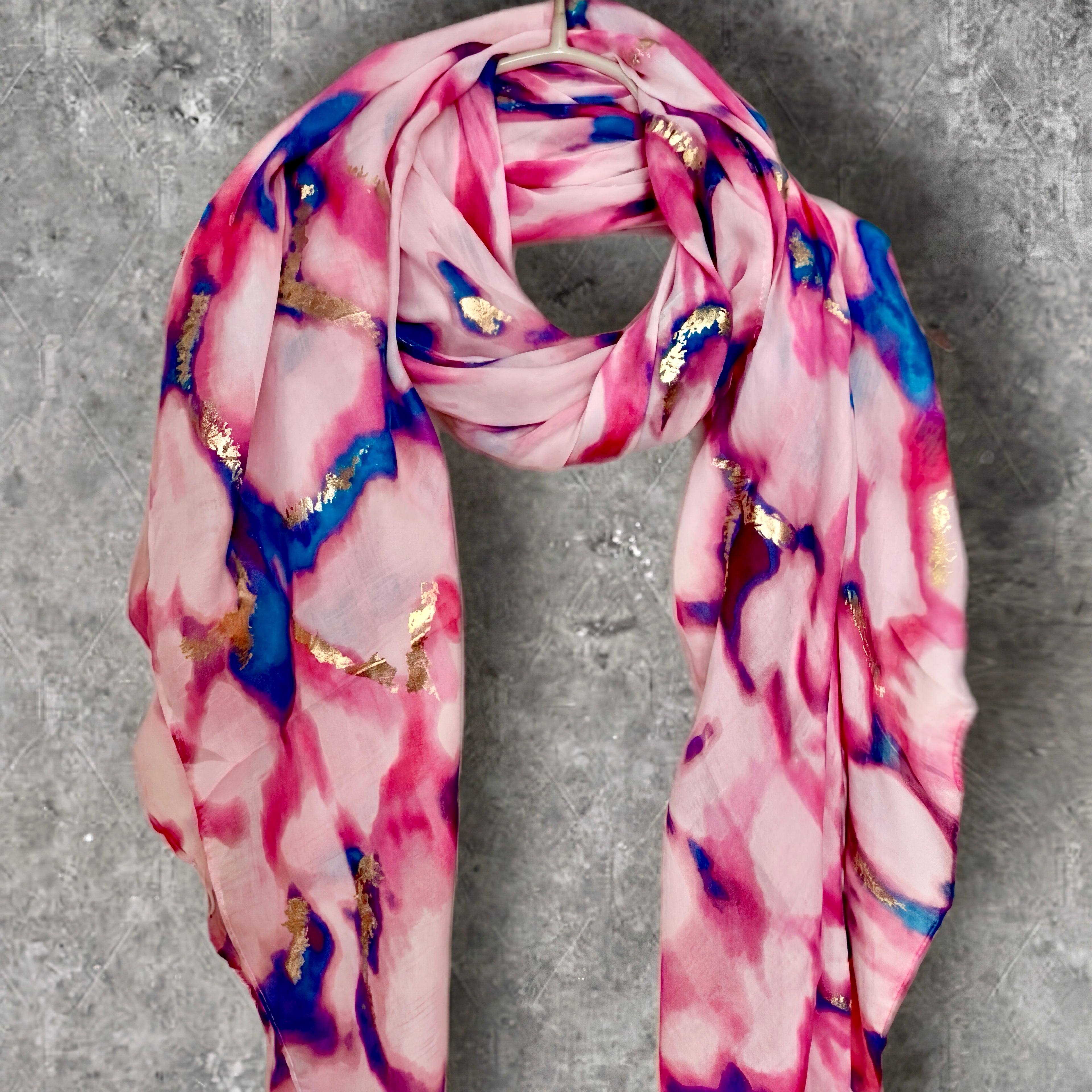 Pink Watercolor Cotton Scarf for Women,Lightweight Summer Shawl with Gold Foil Accents