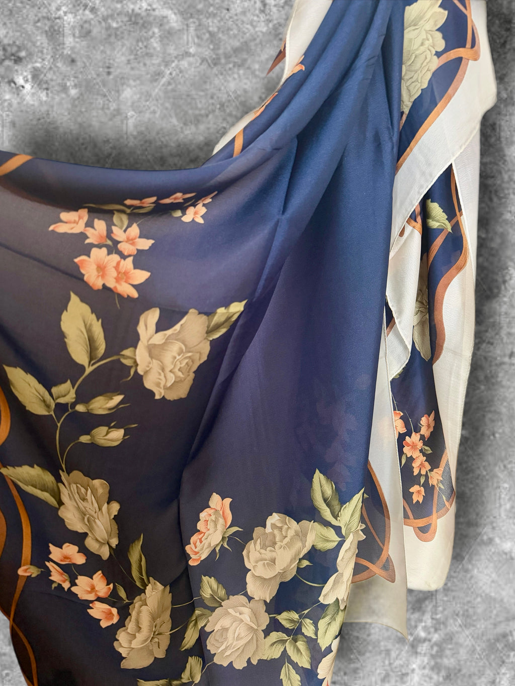 Navy Blue Long Silk Scarf for Women,Peony Floral Print Shawl,Lightweight Luxury Wrap