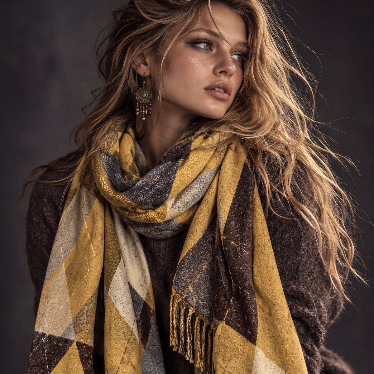 Mustard Yellow Argyle Reversible Winter Scarf