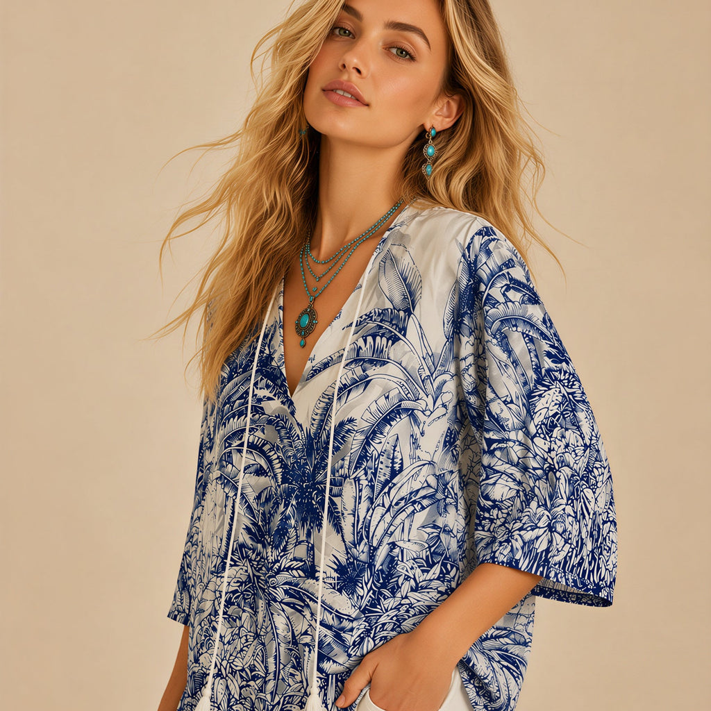 Bohemian Blue Tropical Boho Women Blouse,Botanical Print Tunic Top,Loose Fit Beach Summer Vacation Shirt