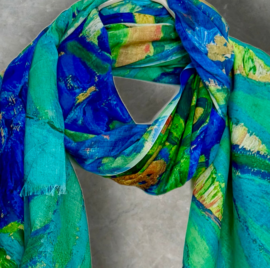 Abstract Blue Green Lightweight Cotton Scarf,Sheer Summer Wrap,Artistic Watercolour Print Shawl