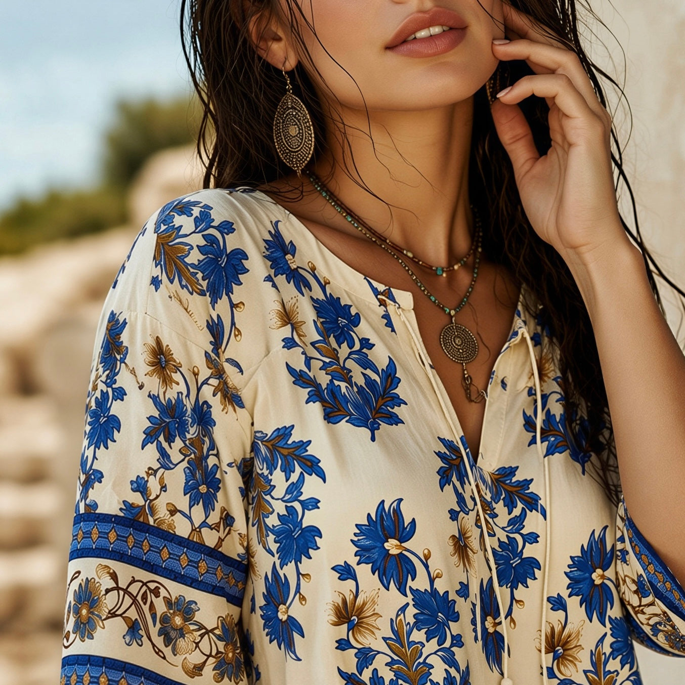 Blue Floral Bohemian Blouse, Cotton Viscose Blend, Tassel Tie Neckline Shirts