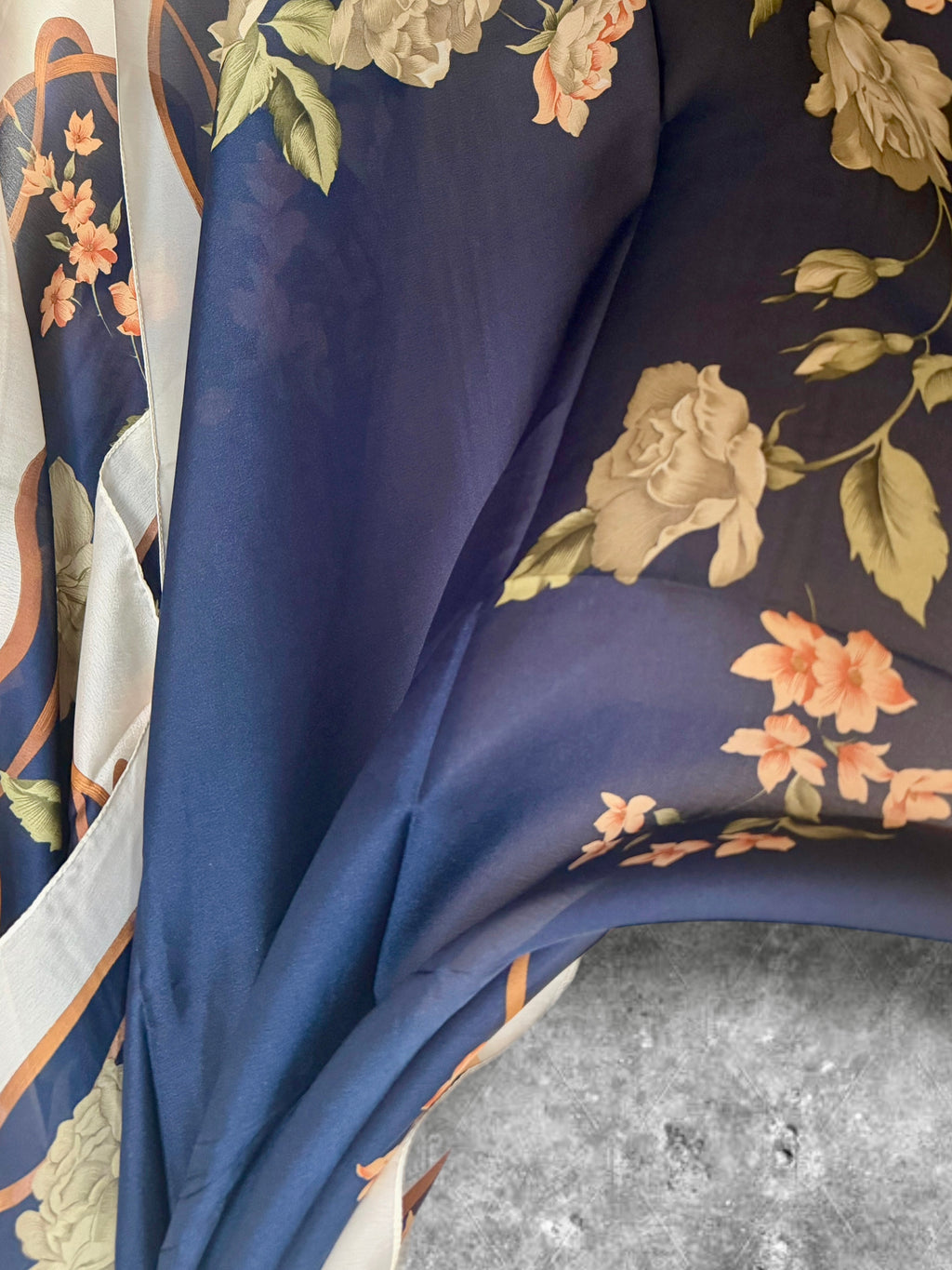 Navy Blue Long Silk Scarf for Women,Peony Floral Print Shawl,Lightweight Luxury Wrap