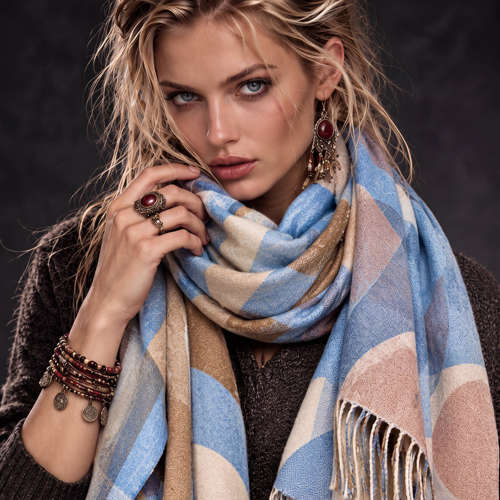 Light Blue Nordic Curved Blocks Pattern Winter Scarf