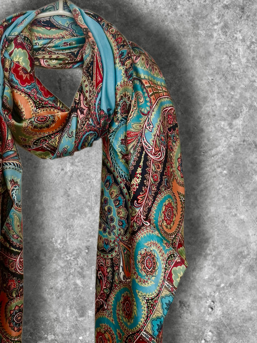 Boho Paisley Print Silk Scarf, Lightweight Shawl in Turquoise Blue for Women,Summer Wrap
