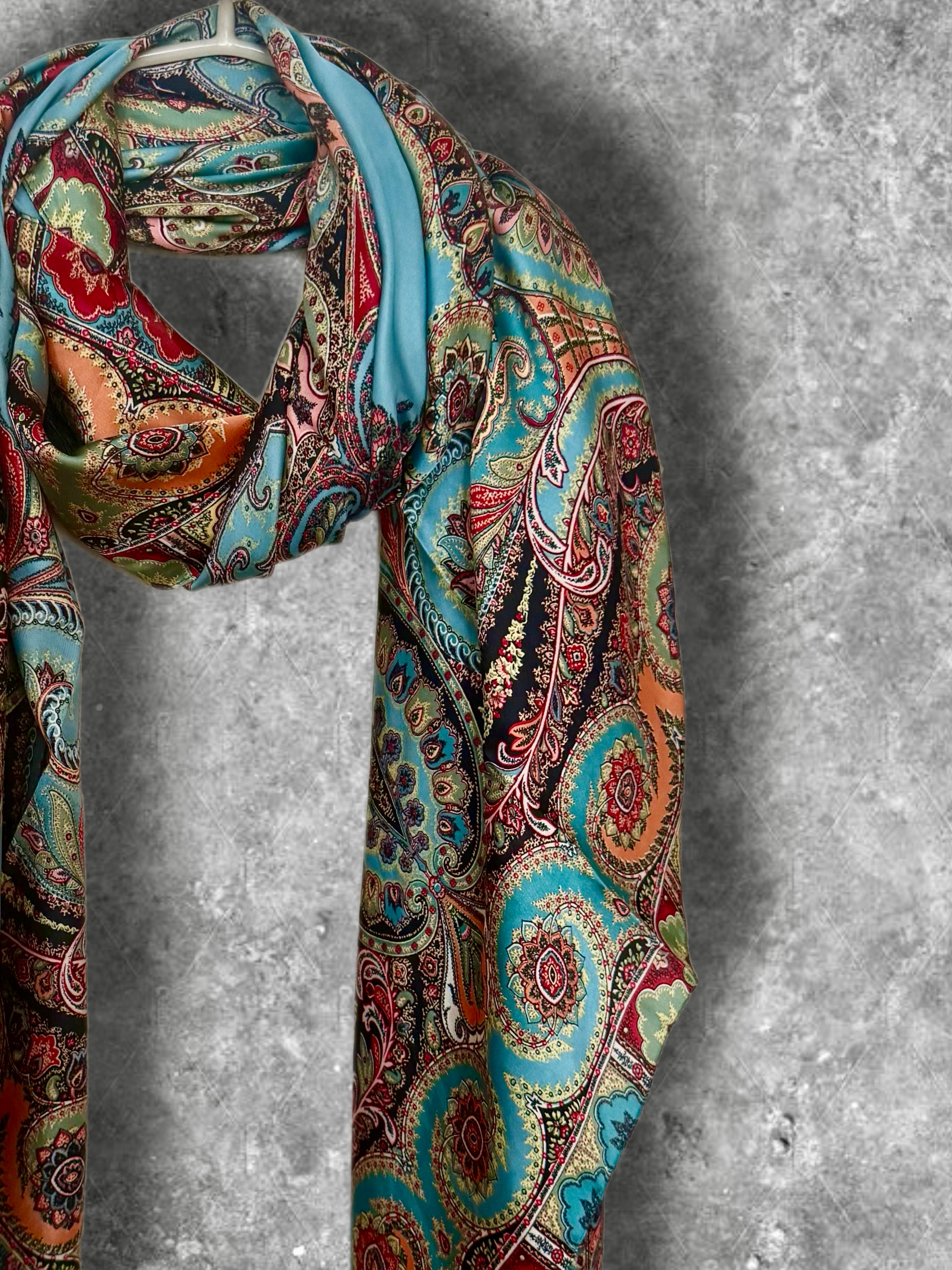 Boho Paisley Print Silk Scarf, Lightweight Shawl in Turquoise Blue for Women,Summer Wrap