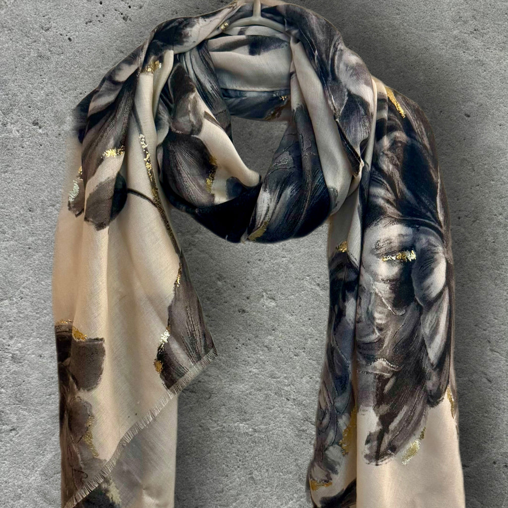 Elegant Grey Peony Scarf with Gold Highlights,Floral Sketch Wrap