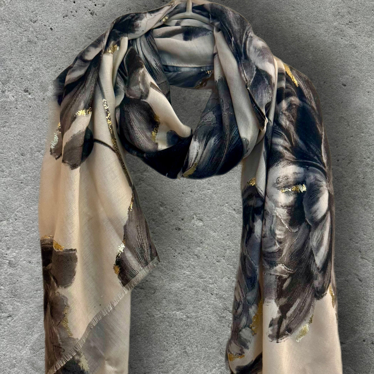 Elegant Grey Peony Scarf with Gold Highlights,Floral Sketch Wrap