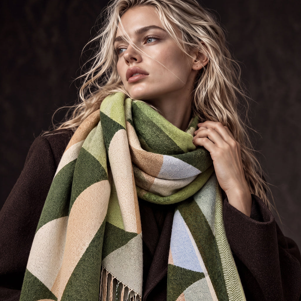 Olive Green Retro Geometric Winter Scarf