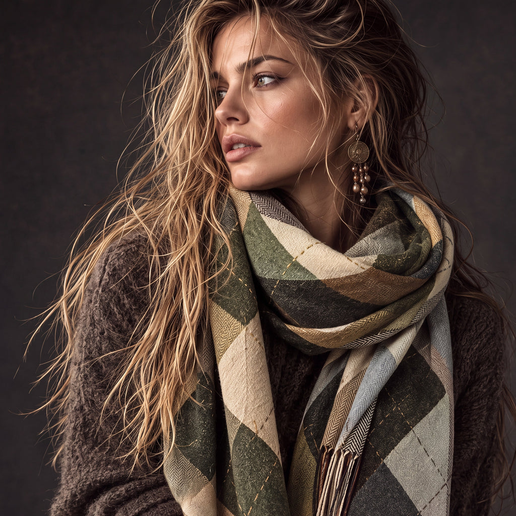 Olive Green Argyle Reversible Winter Scarf