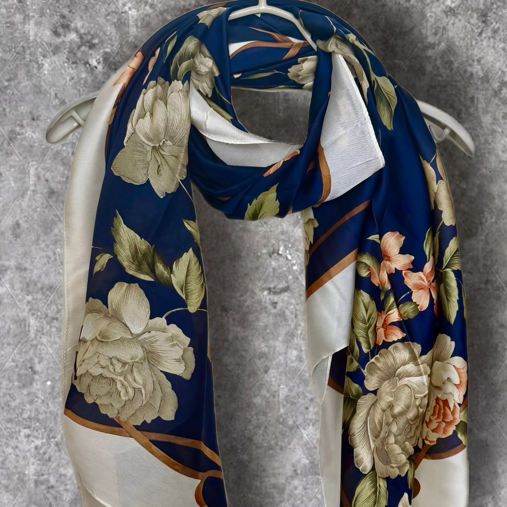 Navy Blue Long Silk Scarf for Women,Peony Floral Print Shawl,Lightweight Luxury Wrap