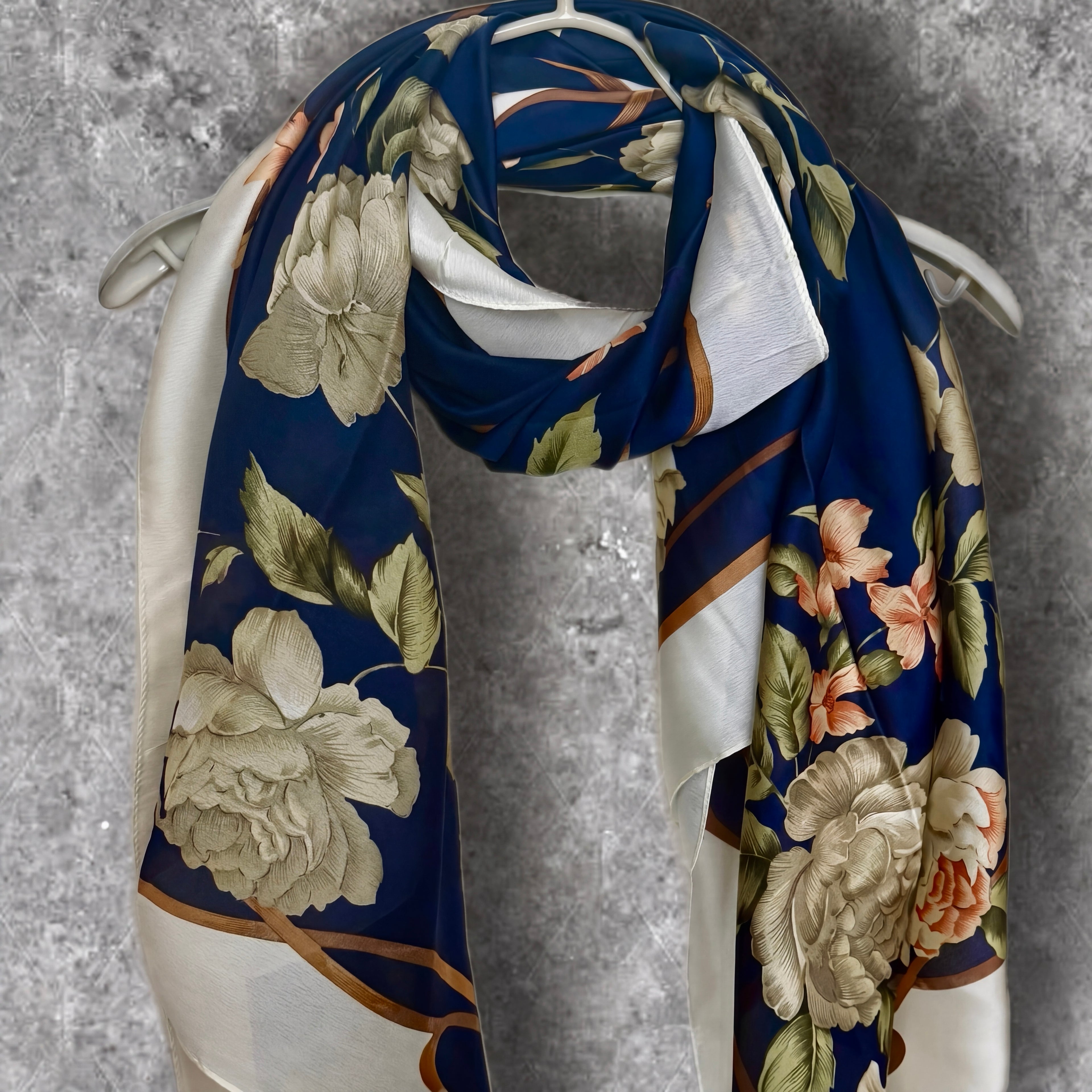 Navy Blue Long Silk Scarf for Women,Peony Floral Print Shawl,Lightweight Luxury Wrap