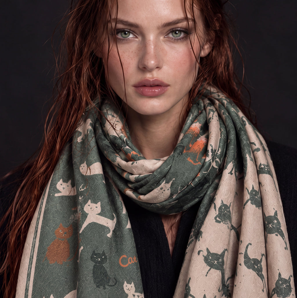 Sage Green & Beige Cat Print Reversible Winter Scarf
