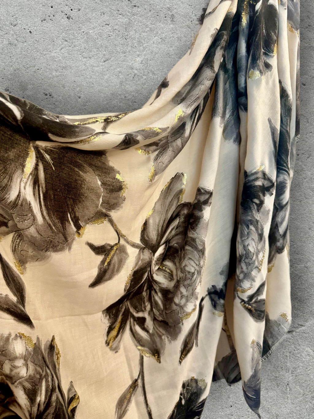 Elegant Grey Peony Scarf with Gold Highlights,Floral Sketch Wrap
