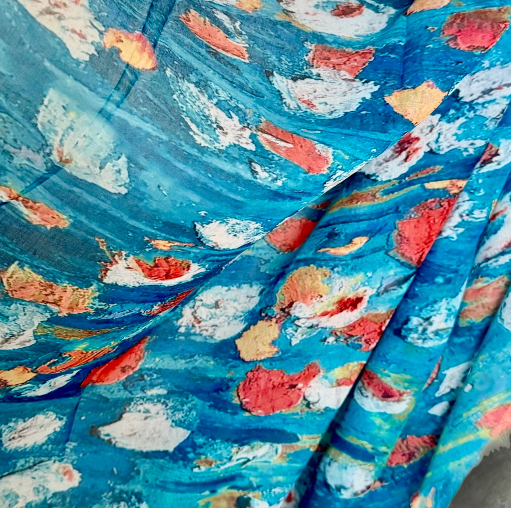 Blue Floral Abstract Cotton Scarf for Women,Lightweight Sheer Summer Wrap