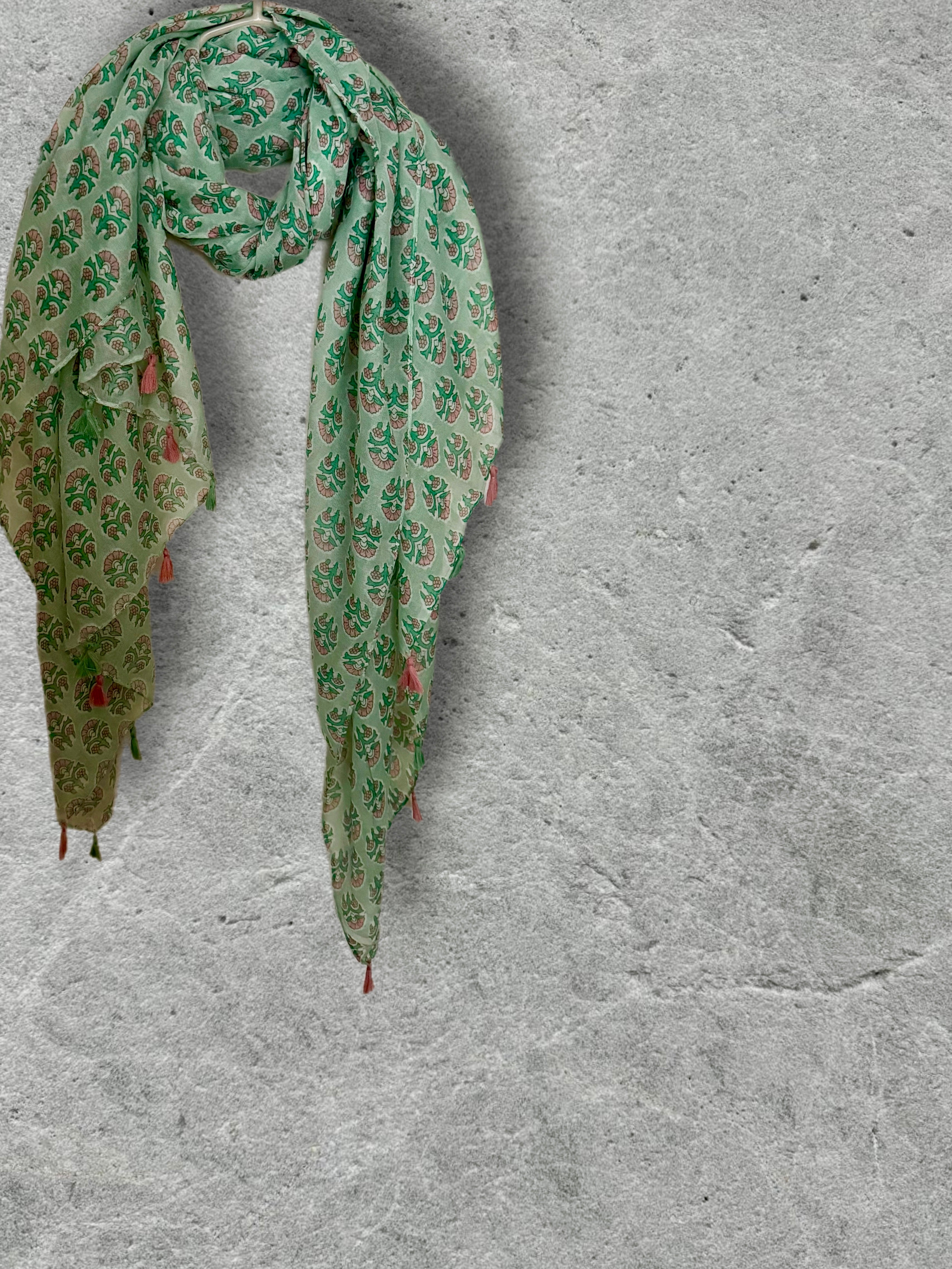 Mint Green Botanical Cotton Scarf,Lightweight Summer Wrap,Bohemian Floral Shawl with Tassels