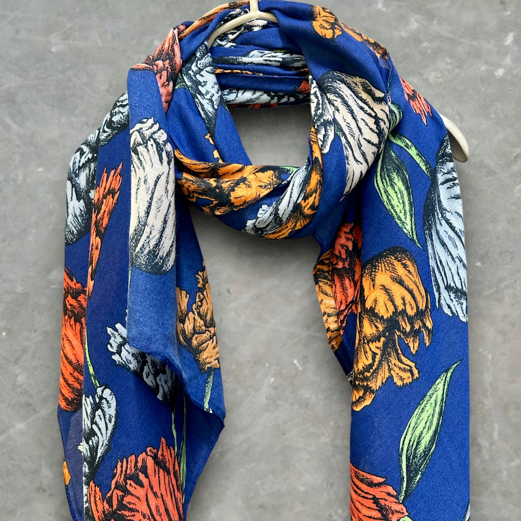 Blue Cotton Scarf with Eco-Friendly Sketched Parrot Tulips Flower Design