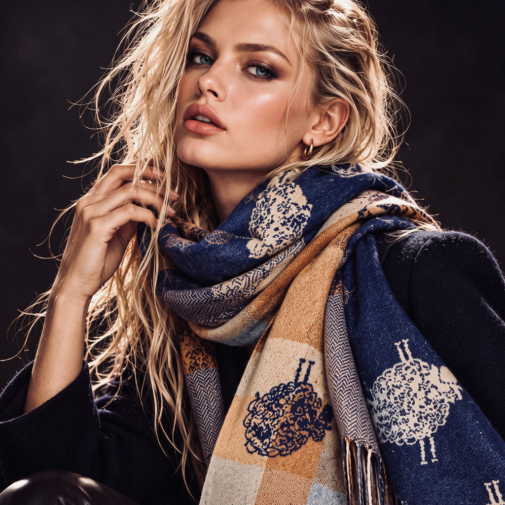 Reversible Navy Blue Sheep Winter Scarf