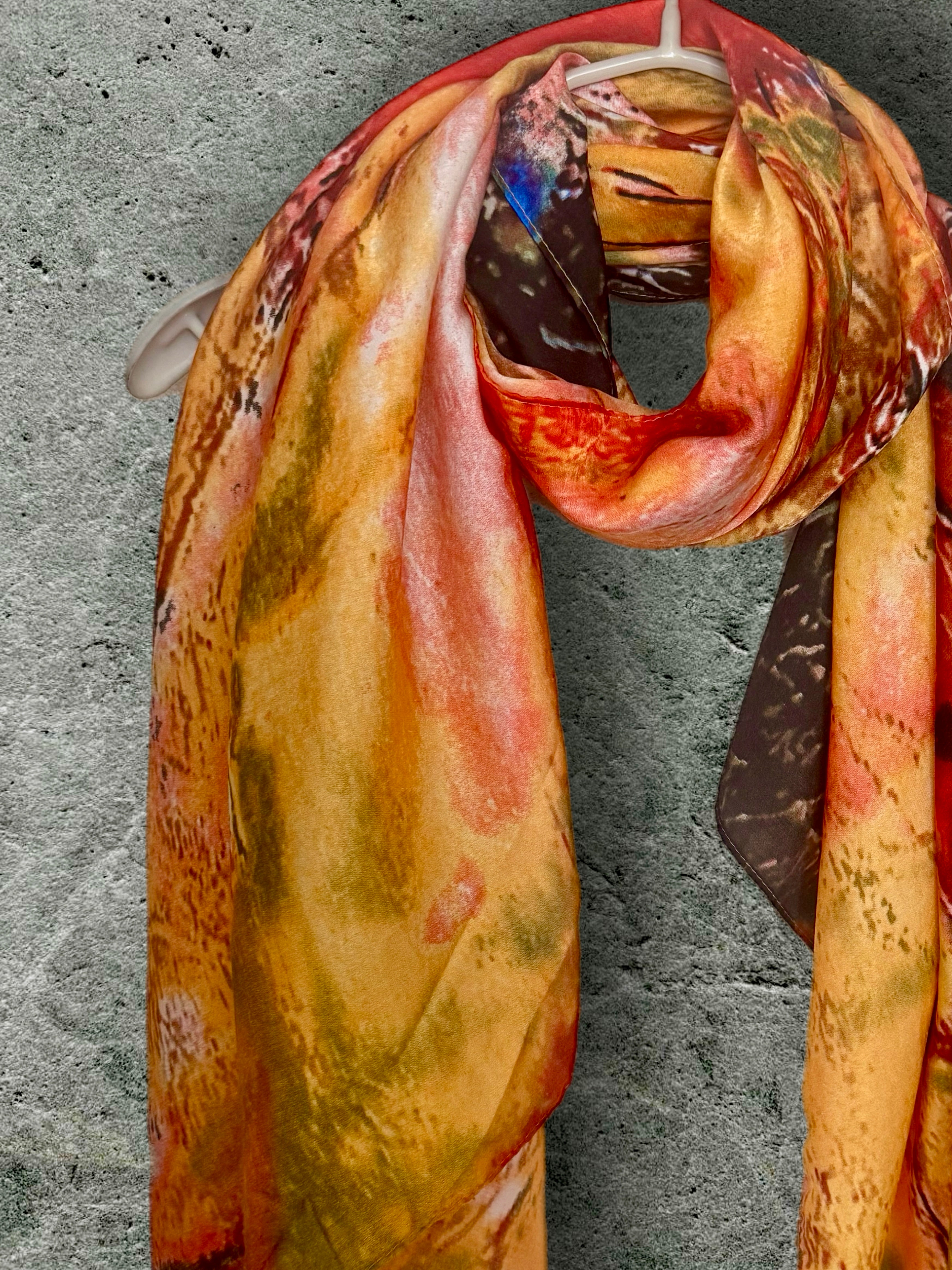 Abstract Silk Scarf for Women in Bold Orange & Red Artistic Wrap,Suitable for All Season,Great Gifts for Her,Mom,Birthday or Christmas