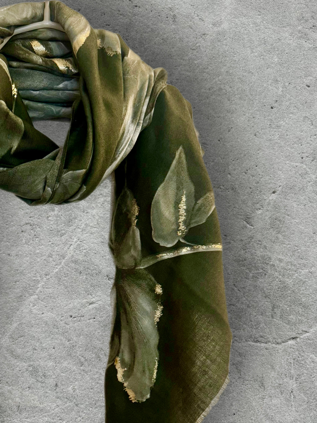 Olive Green Peony Floral Scarf with Gold Accents for Women