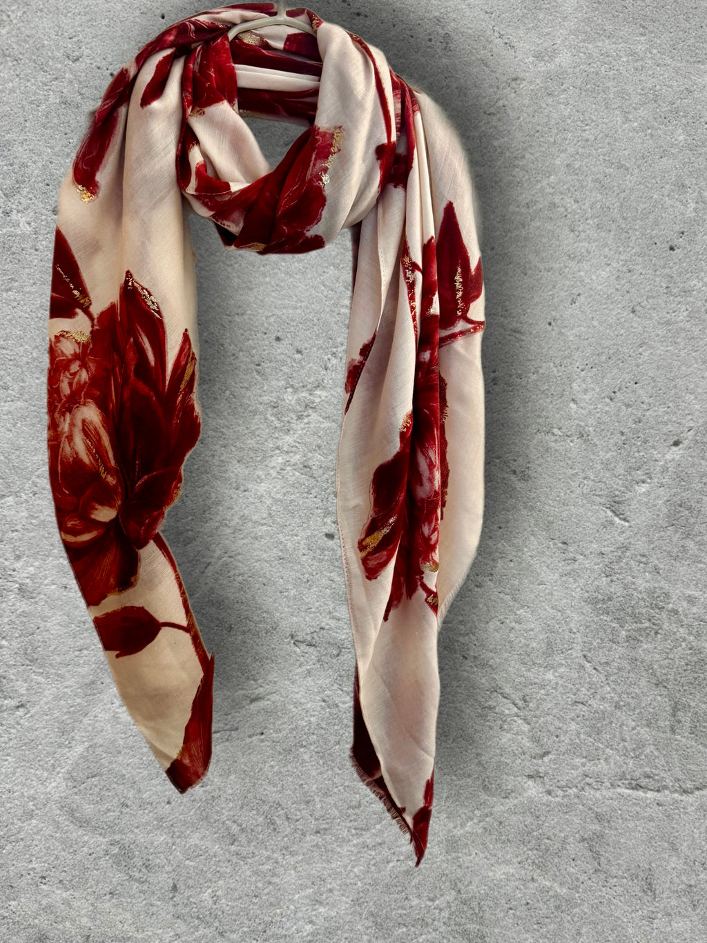 Elegant Red Peony Scarf for Women with Gold Accents,Floral Print Shawl
