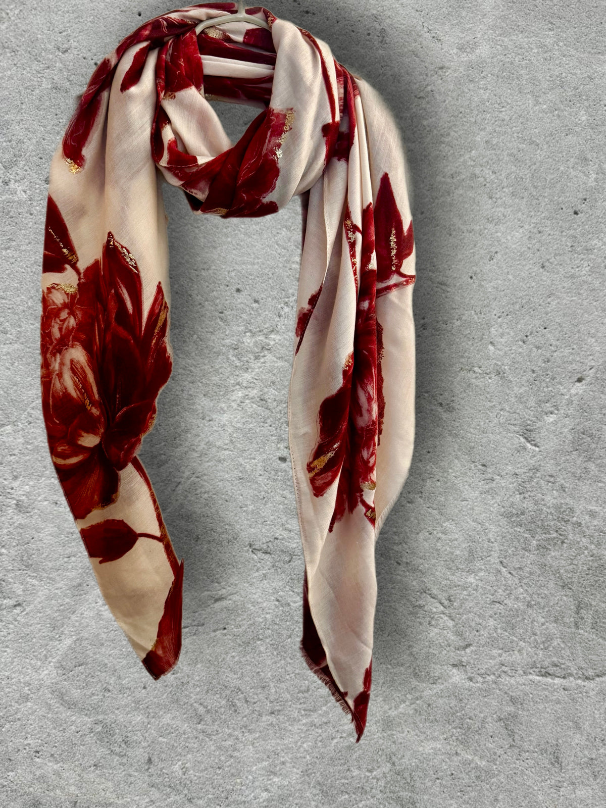 Elegant Red Peony Scarf for Women with Gold Accents,Floral Print Shawl