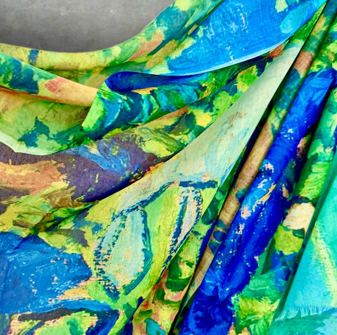 Abstract Blue Green Lightweight Cotton Scarf,Sheer Summer Wrap,Artistic Watercolour Print Shawl