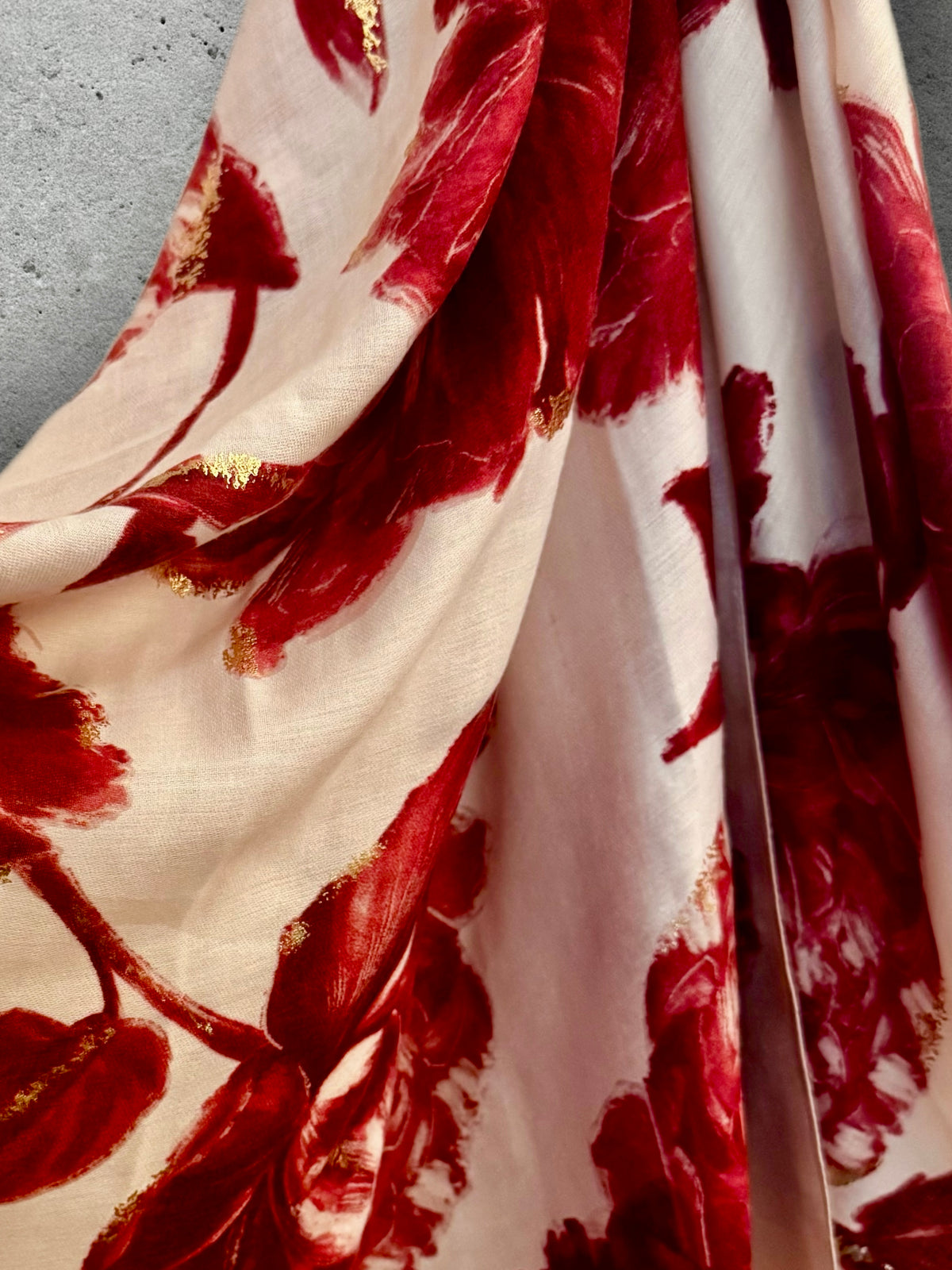 Elegant Red Peony Scarf for Women with Gold Accents,Floral Print Shawl
