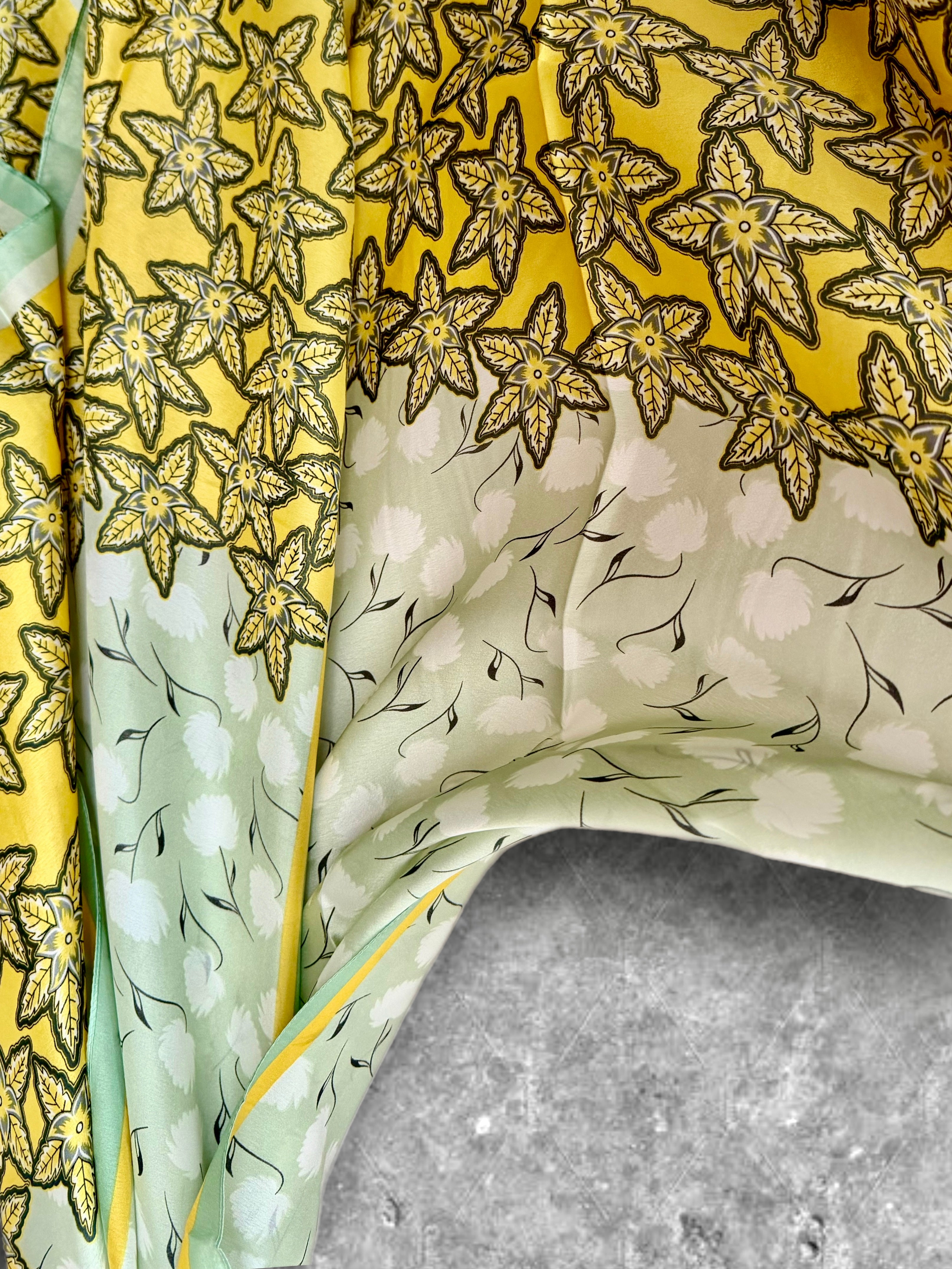 Yellow Green Long Silk Scarf for Women,Featuring Golden Meadow Blossom