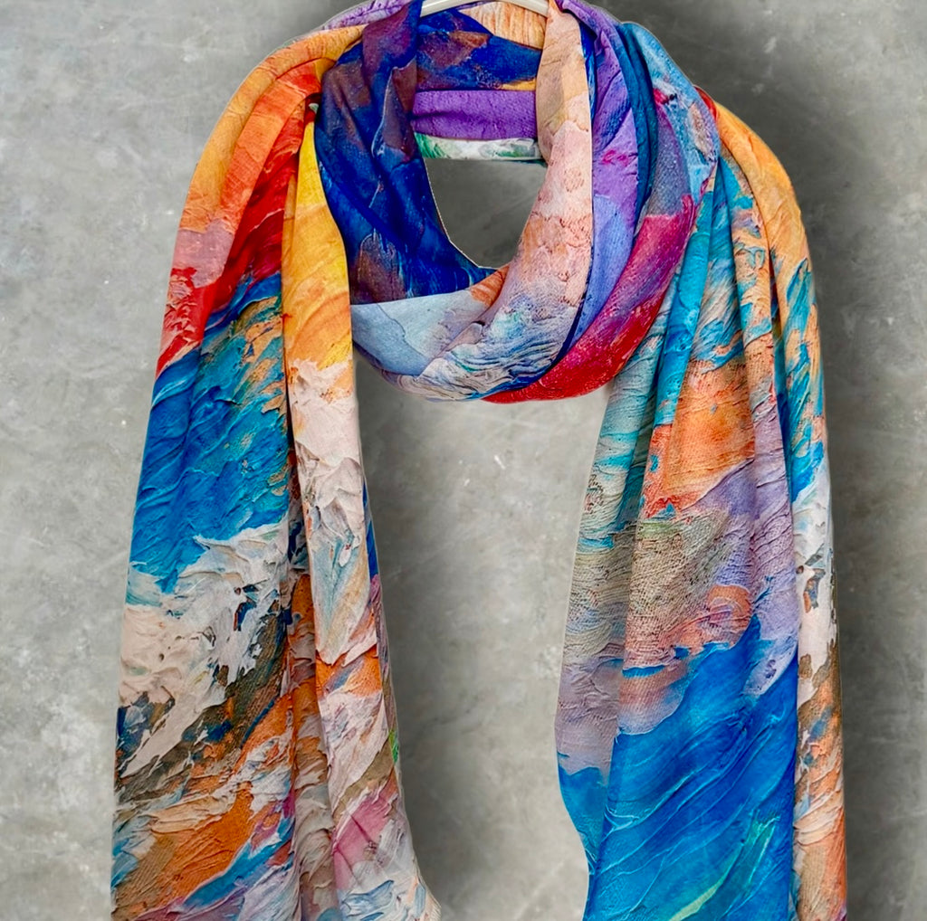 Multicolour Abstract Watercolour Cotton Scarf,Artistic Brushstroke Print Summer Scarf,Lightweight Colourful Shawl