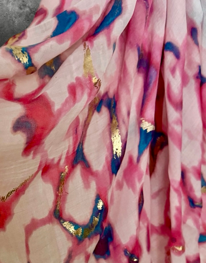 Pink Watercolor Cotton Scarf for Women,Lightweight Summer Shawl with Gold Foil Accents