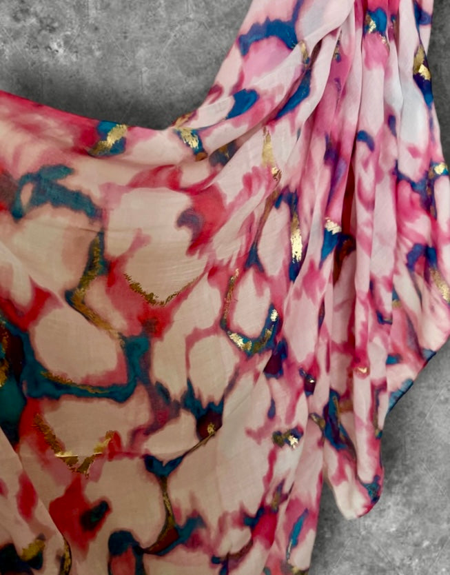 Pink Watercolor Cotton Scarf for Women,Lightweight Summer Shawl with Gold Foil Accents