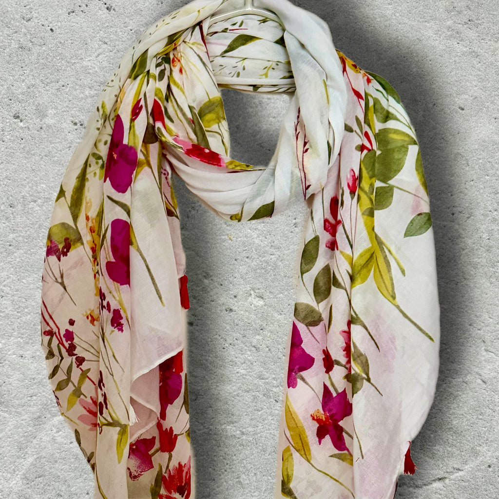 Wildflower Cotton Scarf for Women,Soft Botanical Print Wrap,Lightweight Florals Summer Shawl with Tassels