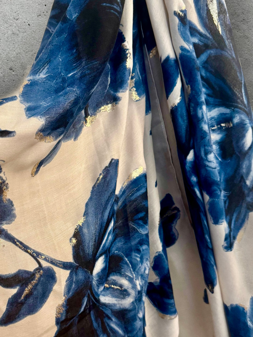 Blue Sketch Peony Scarf with Gold Accents,Elegant Floral Print Wrap