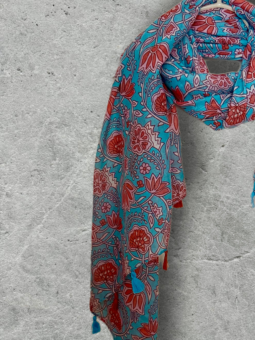 Turquoise Blue Floral Scarf,Lightweight Spring Summer Shawl,Soft Cotton Tassel Wrap for Women