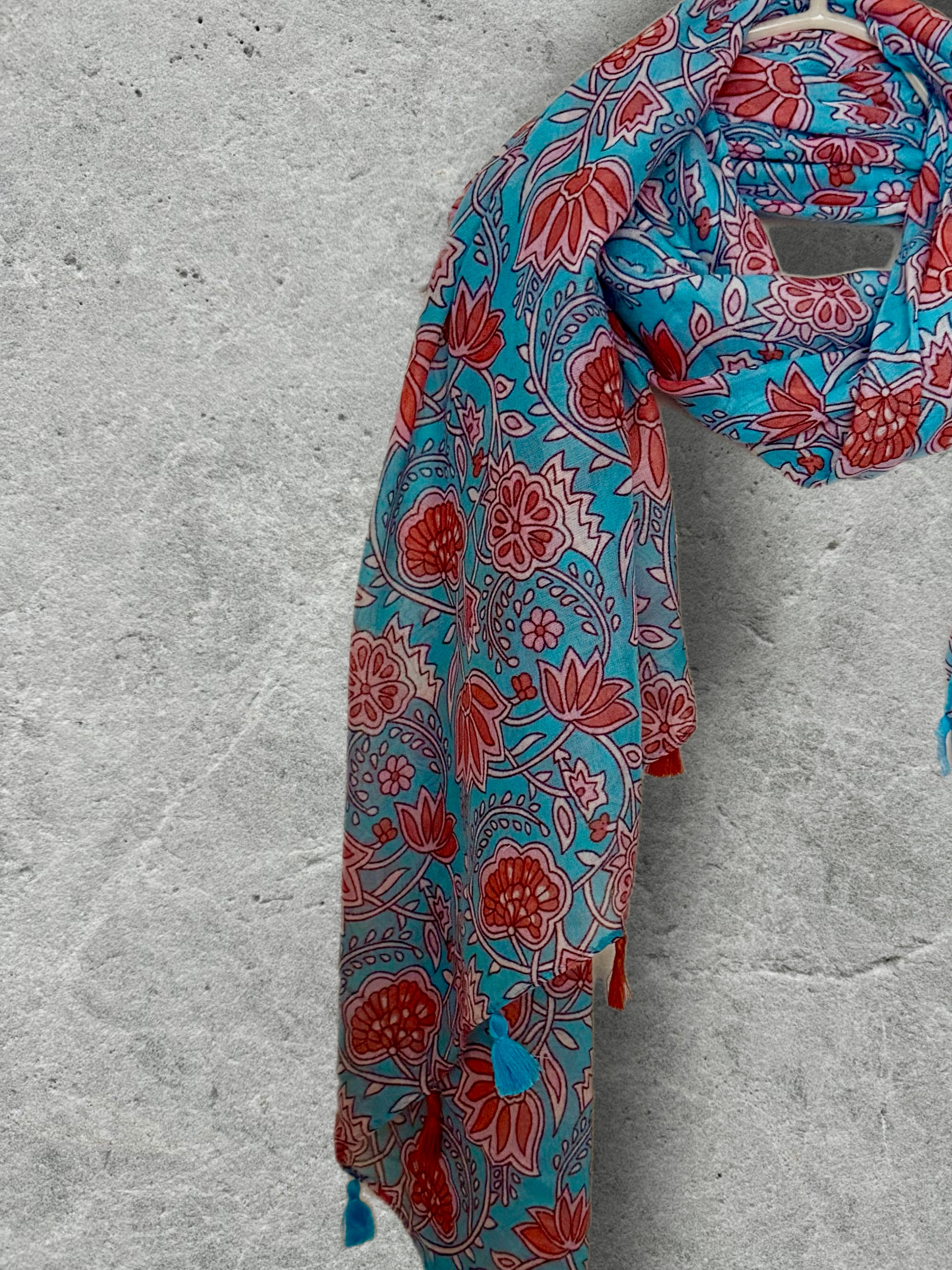 Turquoise Blue Floral Scarf,Lightweight Spring Summer Shawl,Soft Cotton Tassel Wrap for Women