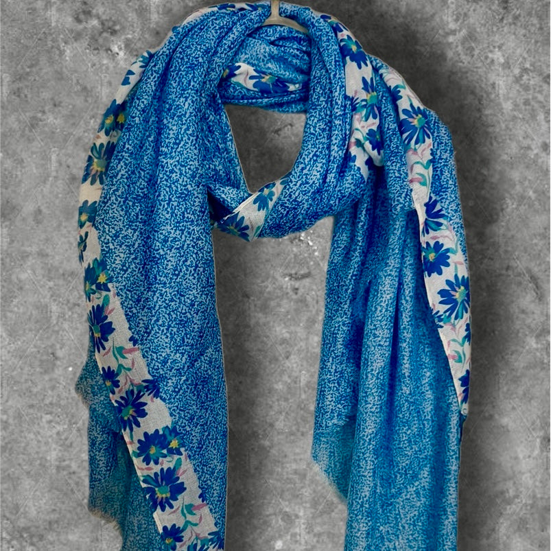 Blue Micro Floral Lightweight Cotton Scarf for Women,Soft Summer Shawl Wrap