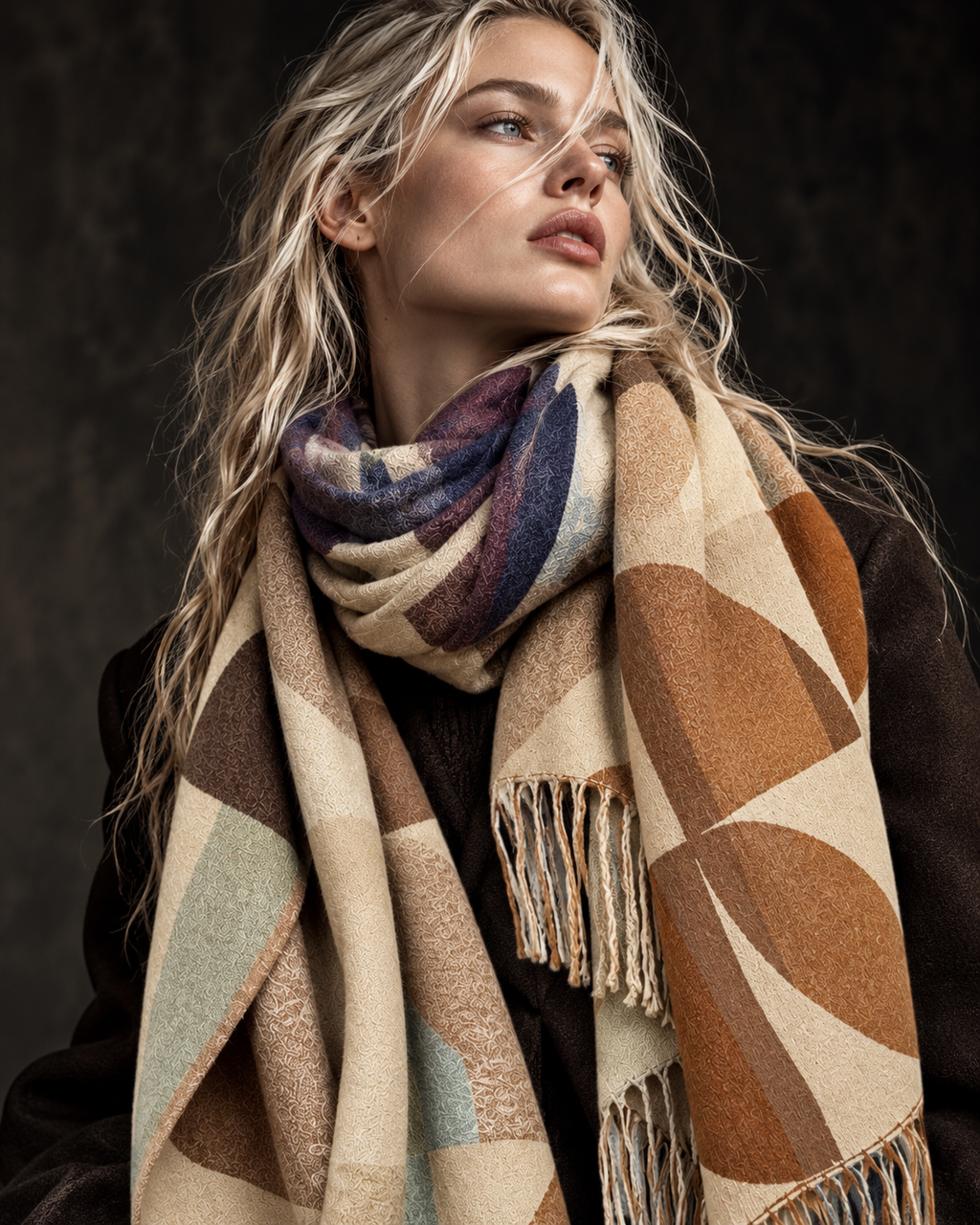Beige Blue Retro Modernist Arc Mosaic Winter Scarf