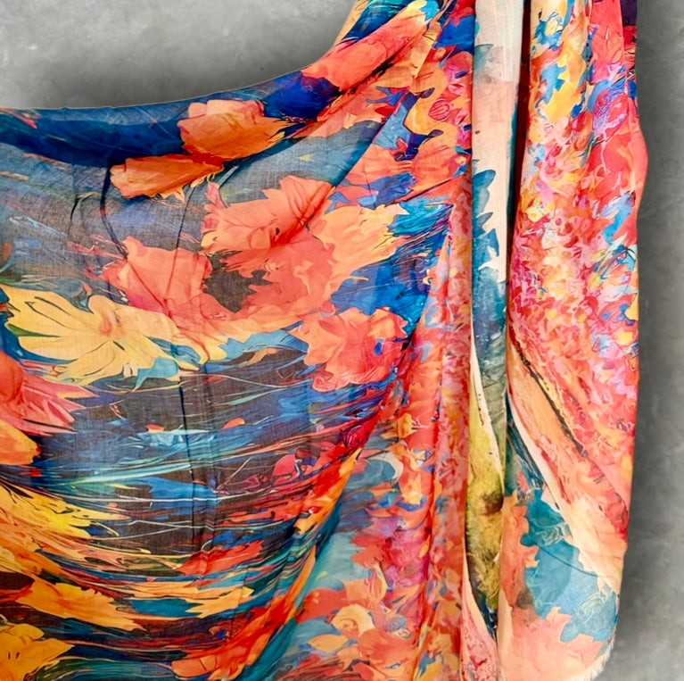 Orange Blue Watercolour Flower Print Cotton Scarf for Women,Lightweight Sheer Summer Wrap,Soft Breathable Shawl.