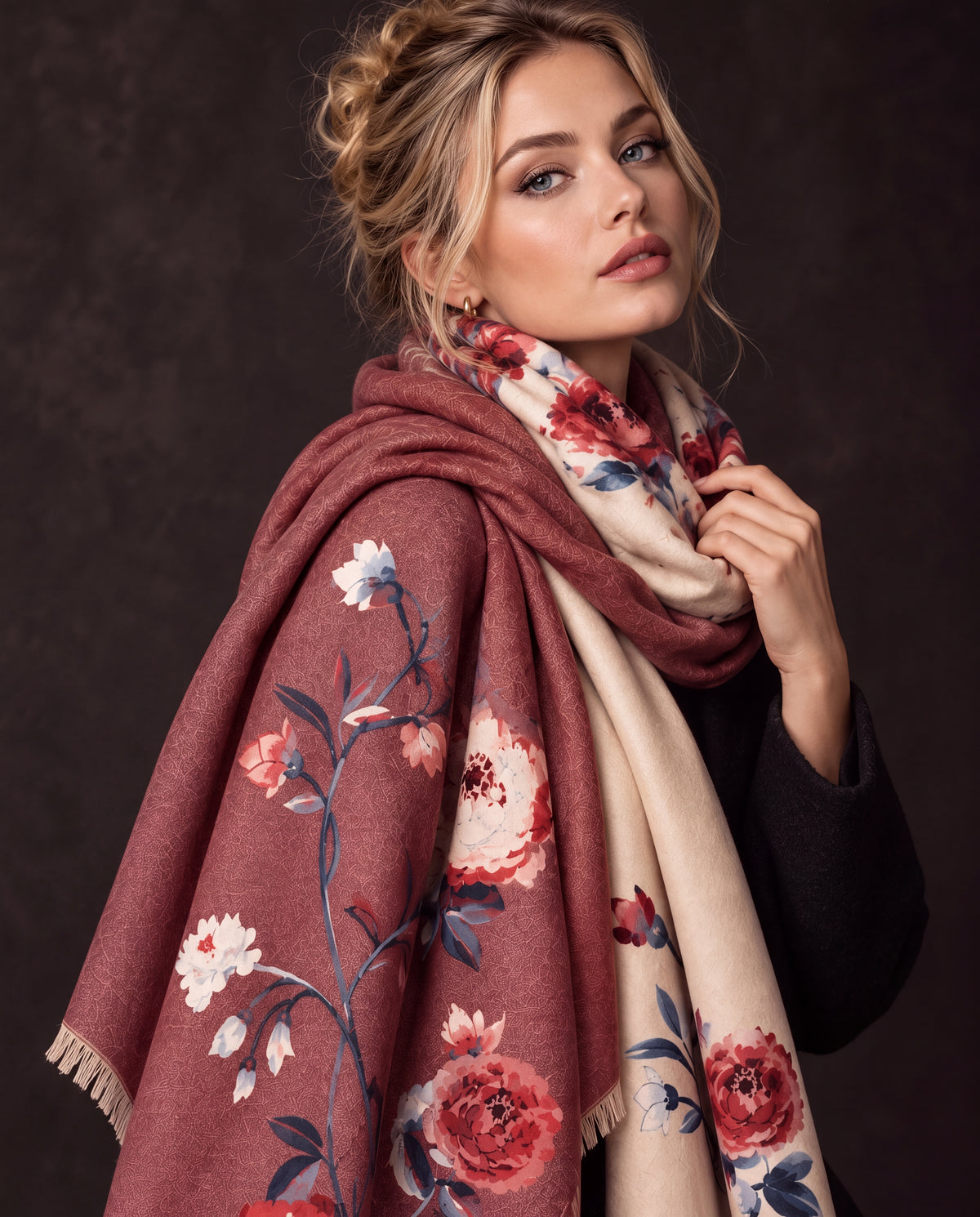 Beige & Brown Burgundy Peony Flowers Reversible Winter Scarf