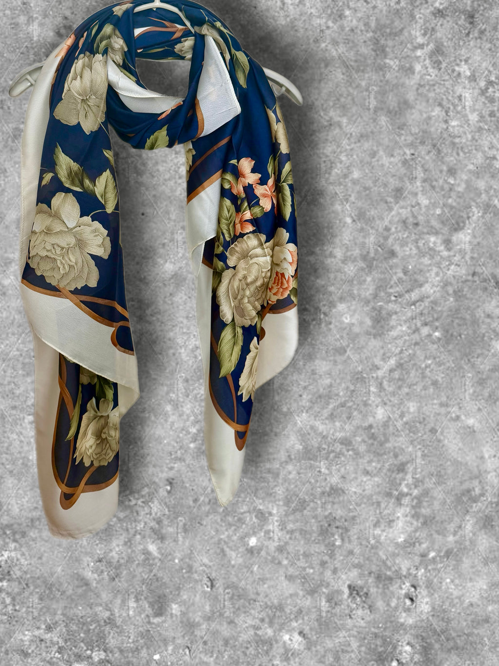 Navy Blue Long Silk Scarf for Women,Peony Floral Print Shawl,Lightweight Luxury Wrap