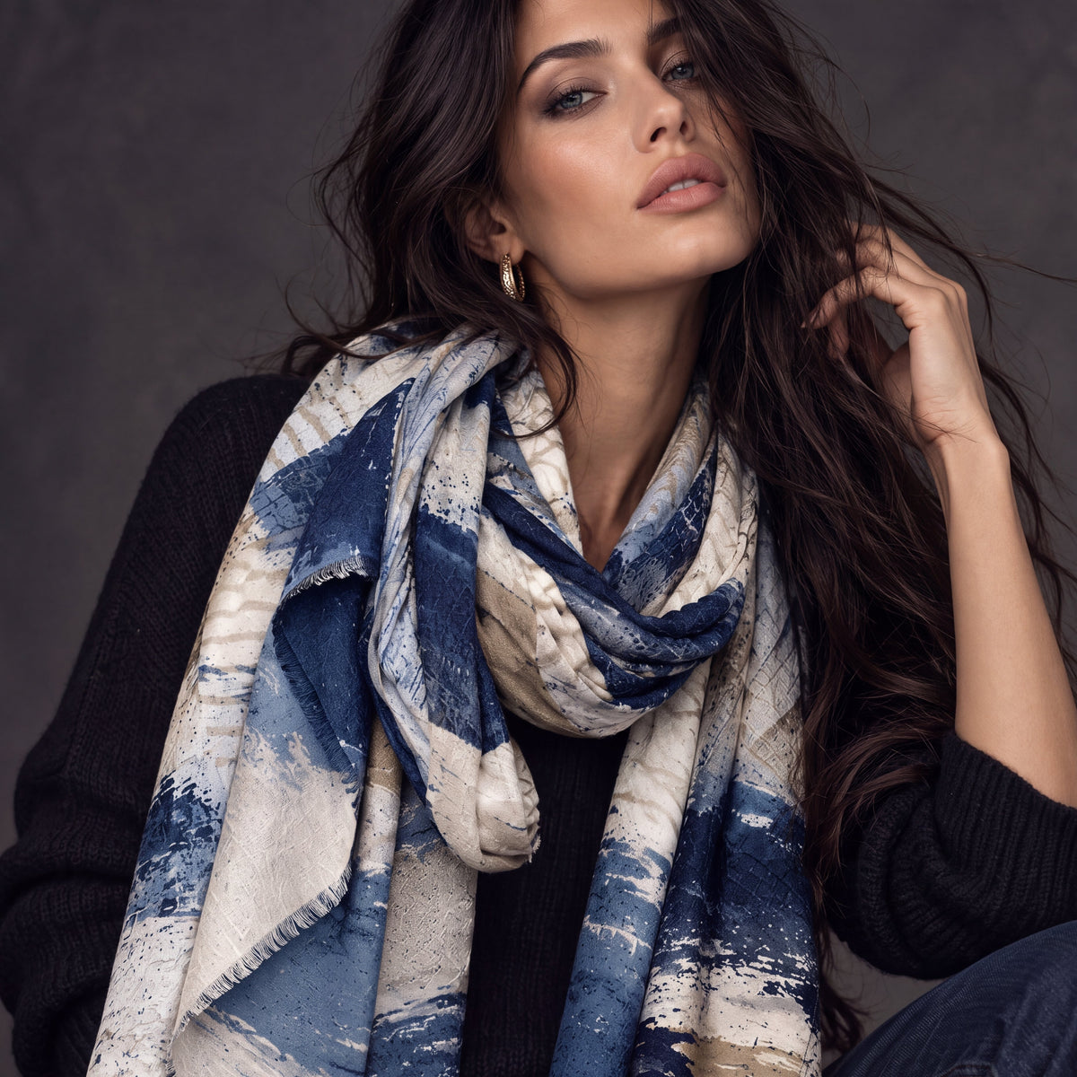 Navy Blue Abstract Brushstroke Winter Scarf