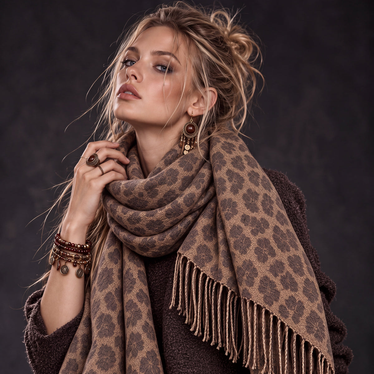 Brown Leopard Winter Scarf, Mocha Animal Print Wrap