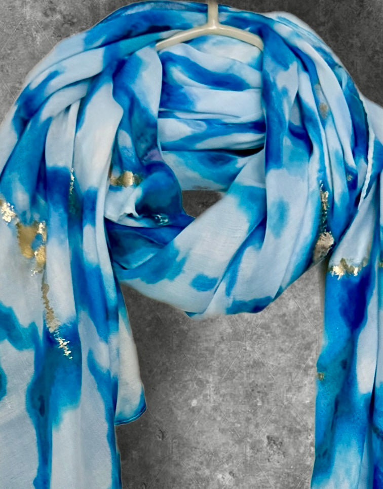 Blue Abstract Print Lightweight Cotton Scarf, Airy Summer Shawl with Gold Detail