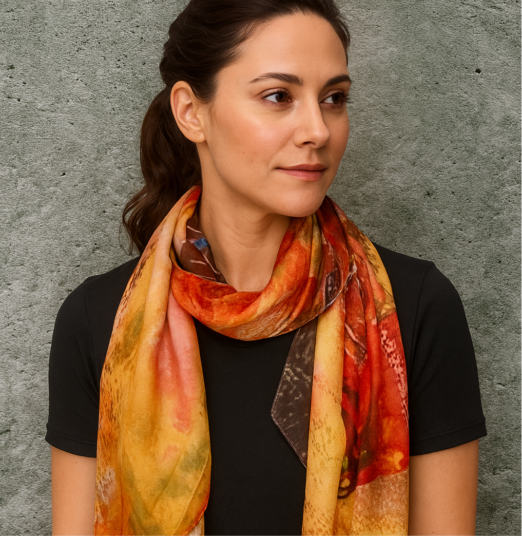Abstract Silk Scarf for Women in Bold Orange & Red Artistic Wrap,Suitable for All Season,Great Gifts for Her,Mom,Birthday or Christmas