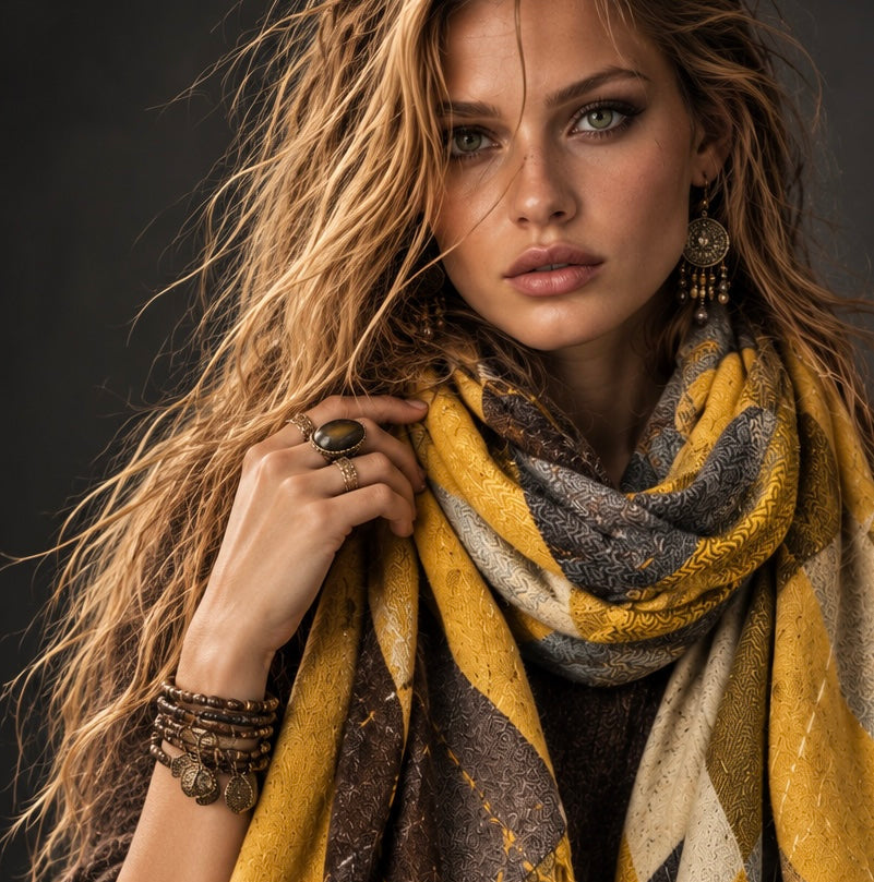 Mustard Yellow Argyle Reversible Winter Scarf